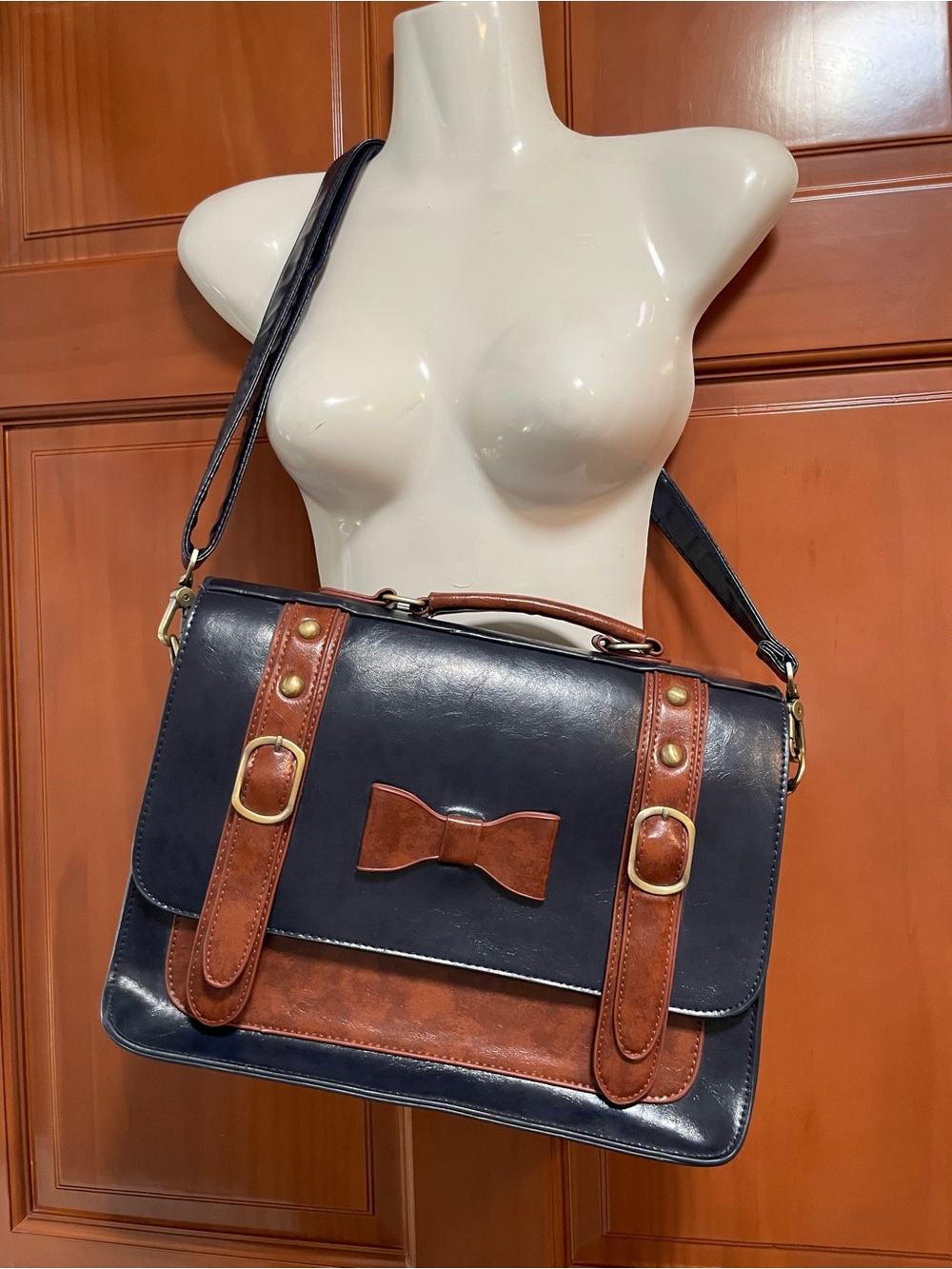 ECOSUSI Navy Faux Leather Satchel with Brown Trim & Crossbody Strap